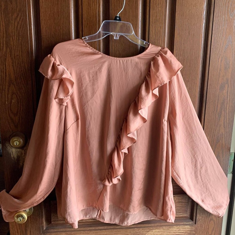 Lane Bryant blush silk ruffle accent long sleeve - Picture 1 of 7
